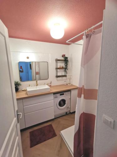 a bathroom with a sink and a washing machine at Charming apartment with south terrace in Labenne