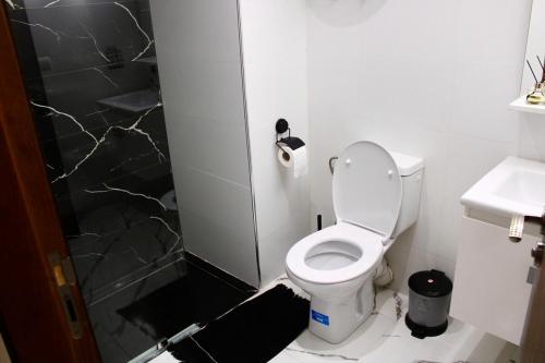 a small bathroom with a toilet and a sink at Holiday Harmony in Roches Noires