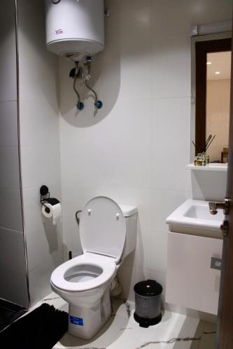 a white bathroom with a toilet and a sink at Holiday Harmony in Roches Noires
