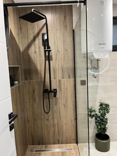 a shower with a glass door in a bathroom at La Casa Cottage in Jajce