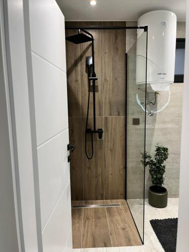 a shower in a bathroom with a glass door at La Casa Cottage in Jajce