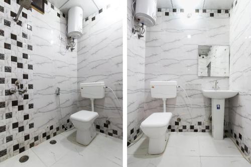 two images of a bathroom with two toilets and a sink at Taj 3 Star Hotel Agra Near Taj Mahal in Tājganj