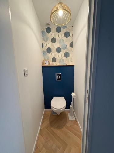 a bathroom with a toilet and a blue wall at Jolie maison de pêcheur 2 chambres avec extérieur in Étaples