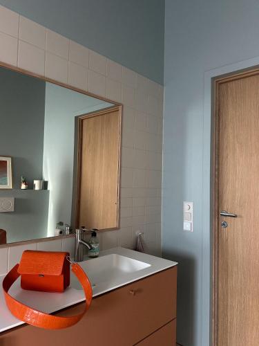 a bathroom with a sink and an orange item on the counter at Villa Vadsø in Vadsø