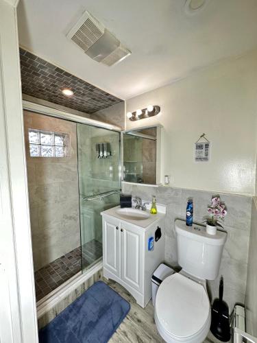 a bathroom with a toilet and a shower and a sink at BP STAYS - Hotel-Style, No Host, Professionally Managed ID260 in Jersey City