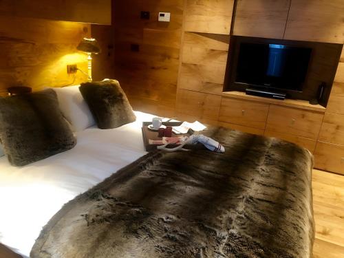 a bedroom with a large bed and a tv at Leonville Luxury Apartment in Roccaraso