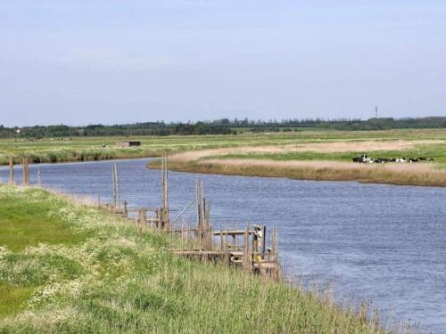 a body of water with cows in the distance at 4 person holiday home in Oksbøl-By Traum in Oksbøl