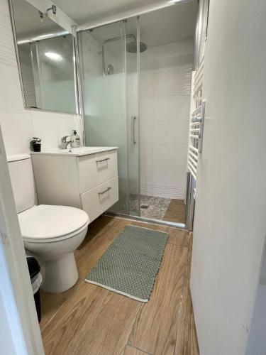 a bathroom with a toilet and a glass shower at Elegant studio in Arcueil