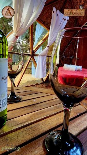 two wine glasses sitting on top of a wooden table at Magno Glamping Combita in Cómbita