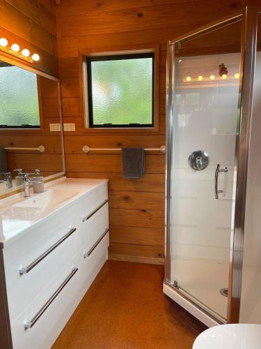 a bathroom with a shower and a sink at Bella Vista on the Beach in Matarangi