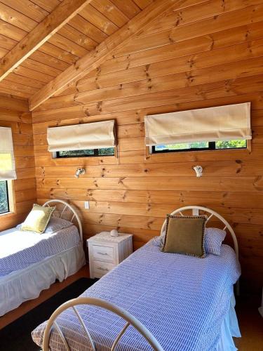 two beds in a room with wooden walls at Bella Vista on the Beach in Matarangi