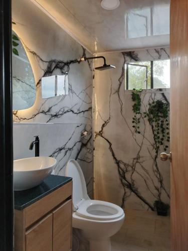 a bathroom with a white toilet and a sink at Casa campestre in Fresno