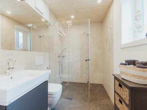 a bathroom with a shower and a toilet and a sink at skandinavisch eingerichtetes Familienferienhaus in Sagard