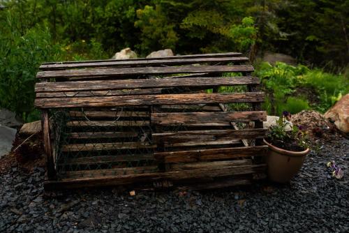 a wooden fence with a plant in a pot at The Eyrie, your private Ocean View apartment in Head of Jeddore