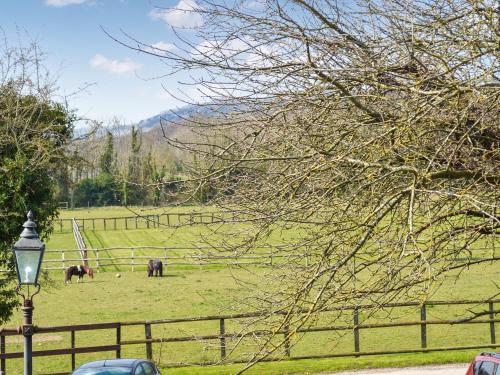 two horses grazing in a field next to a fence at The Cottage At Harple Farm in Detling