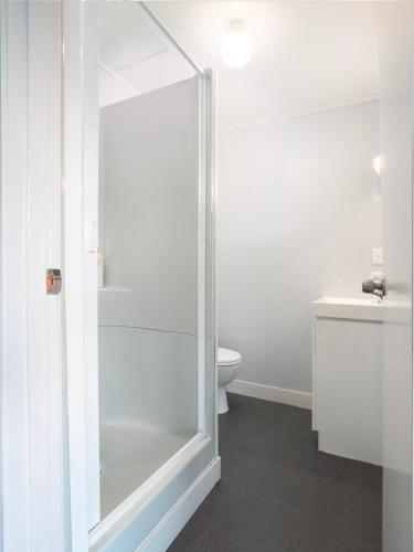 a white bathroom with a shower and a toilet at Colonial On Gladstone Motel in Gisborne