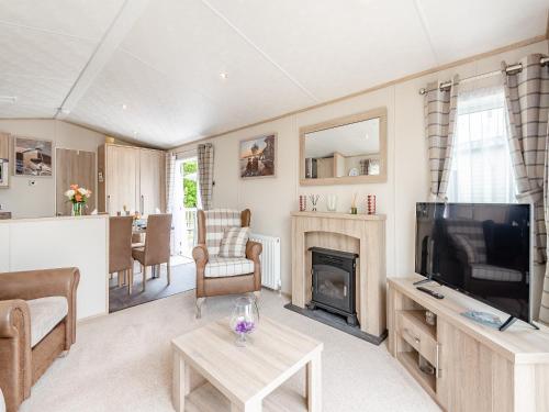 a living room with a television and a fireplace at Tradmach Lodge in Patrington