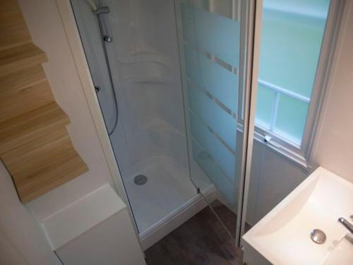 NaucelleMobil-home avec terrasse pour 4 personnes - API-1-52-671的浴室配有淋浴和洗手池