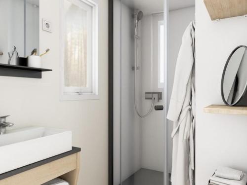 a white bathroom with a sink and a mirror at Mobil-home avec terrasse pour 4 personnes - API-1-52-528 in Le Boulou