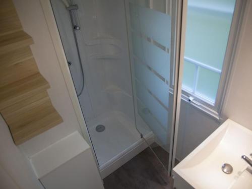 a bathroom with a shower and a sink at Mobile-home 6 pers avec terrasse à Naucelle - API-1-52-415 in Naucelle