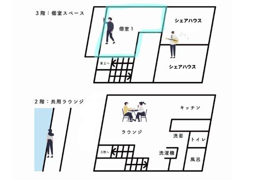 a diagram of a building with a person sitting at a table at hotorino in Numazu