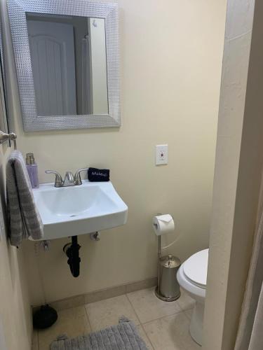 a bathroom with a sink and a toilet and a mirror at Authentic Remodeled Taber Street Railroad House in Williams