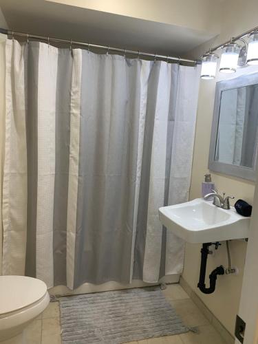a bathroom with a shower curtain and a sink at Authentic Remodeled Taber Street Railroad House in Williams