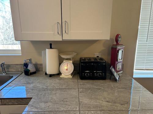 a kitchen with a counter with a toaster and other appliances at Authentic Remodeled Taber Street Railroad House in Williams