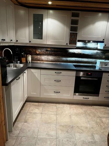 a kitchen with white cabinets and a sink at Aurora Bliss Cabin Retreat in Kilpisjärvi