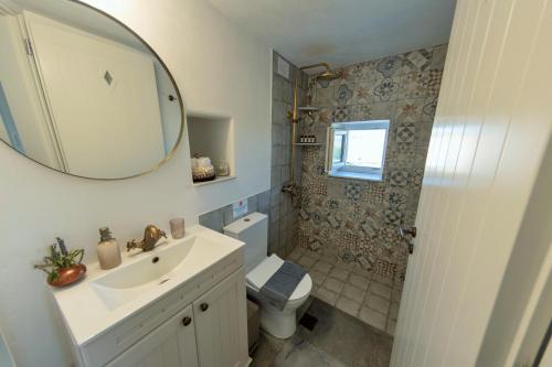 a bathroom with a sink and a toilet and a mirror at The old barn, Naousa Paros in Naousa