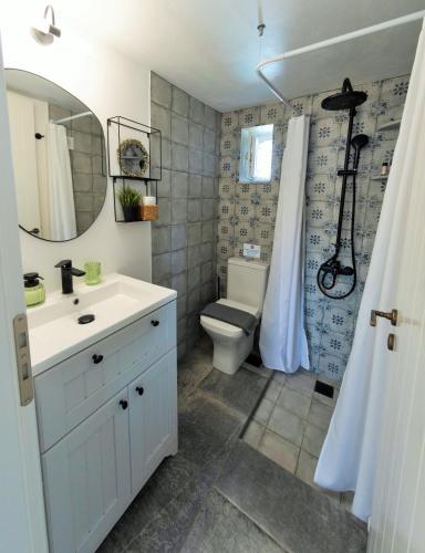 a bathroom with a sink and a toilet and a mirror at The old barn, Naousa Paros in Naousa