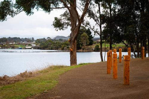 a path next to a lake with a tree at Bay View Retreats- Ocean mist in Dover