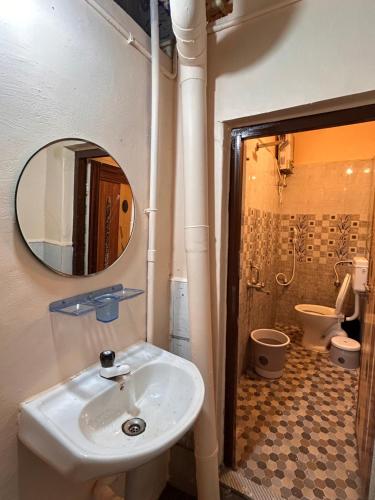 a bathroom with a sink and a mirror at TEMPLE VIEW GUEST HOUSE in Hampi