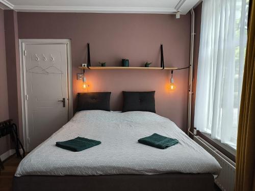 a bedroom with a bed with two green pillows on it at Blue Wave Stay - Free Parking in Scheveningen