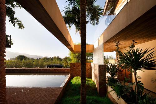 a house with a palm tree next to a pond at Snow Mountain in Baisha