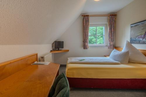 a hotel room with a bed and a window at Hotel Sonne in Seiffen