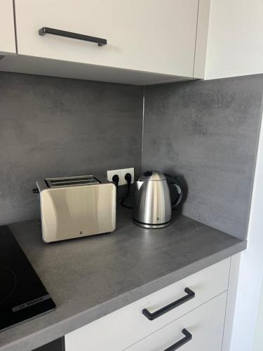 a kitchen counter with a toaster and a tea kettle at Appartement nah zum Zentrum in Dornbirn
