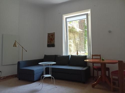 Una sala de estar con un sofá azul y una mesa. en Plantyna, en Cracovia