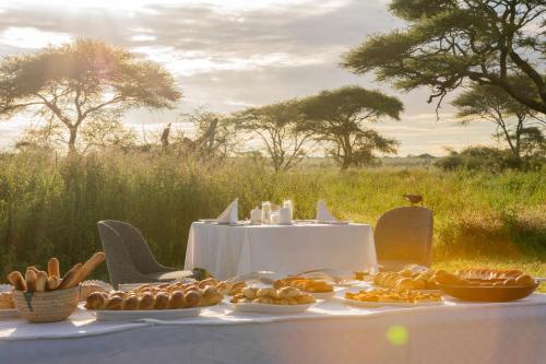 a table with food on it in a field at Serengeti Sametu Camp in Serengeti National Park