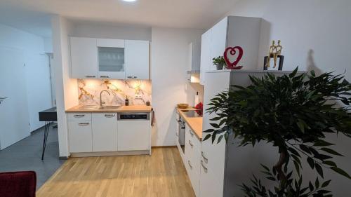 a kitchen with white cabinets and a potted plant at Luxuriöses Apartment mit Balkon - Fountain Suite Balcony in Gmunden