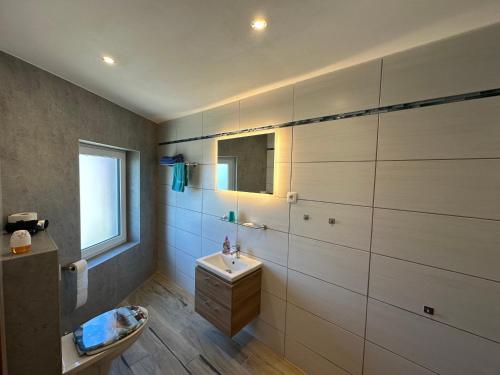 a bathroom with a sink and a toilet at Landhotel & Restaurant "Fahrenkamp" in Röwitz