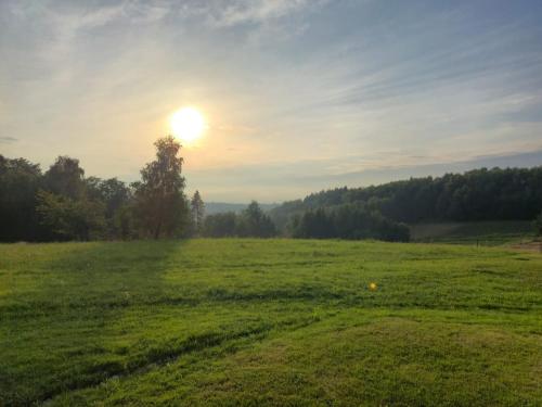 a field of green grass with the sun in the sky at Chatka ChoćCo in Ryglice
