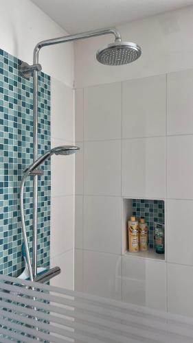 a shower in a bathroom with a blue tiled wall at Ferienwohnung mit Garten am Wald in Barsinghausen