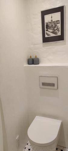 a bathroom with a white toilet and a picture on the wall at I hjertet af København nær Marmorkirken Metro in Copenhagen