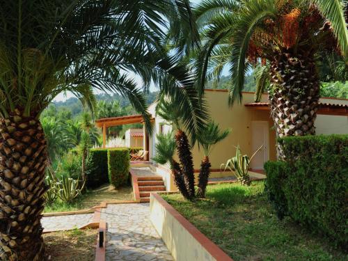 a house with two palm trees in the yard at Luxurious Holiday Home in Palinuro Italy with Swimming Pool in Centola