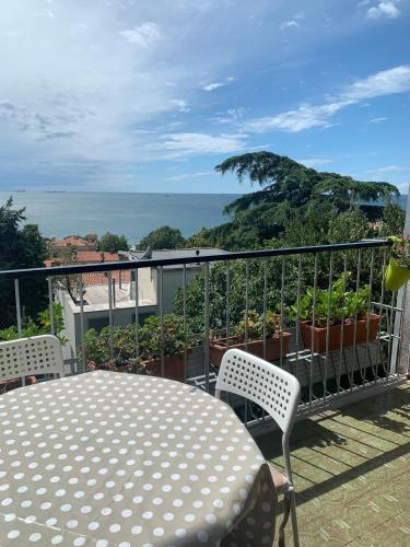 a patio with a table and chairs on a balcony at Affittacamere via Moncolano mare Barcola in Trieste