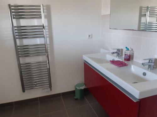 a bathroom with a white sink and a red cabinet at VILLA SPACIEUSE en bord de mer in Ploemeur