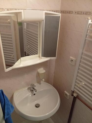 a bathroom with a white sink and a mirror at Pension V údolí v Jizerských horách in Josefuv dul