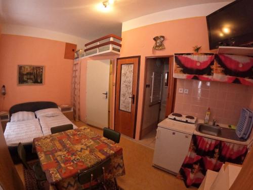 a room with a table and a kitchen with a sink at Pension V údolí v Jizerských horách in Josefuv dul