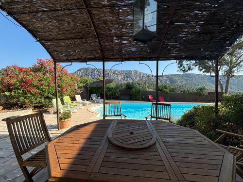 a wooden table with two chairs and a pool at Mas provençal avec piscine privée proche Bandol in Évenos
